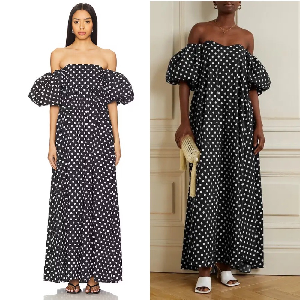 NWT Caroline Constas Palmer Emilia Maxi Dress Black White Polka Dot Puff Sleeve